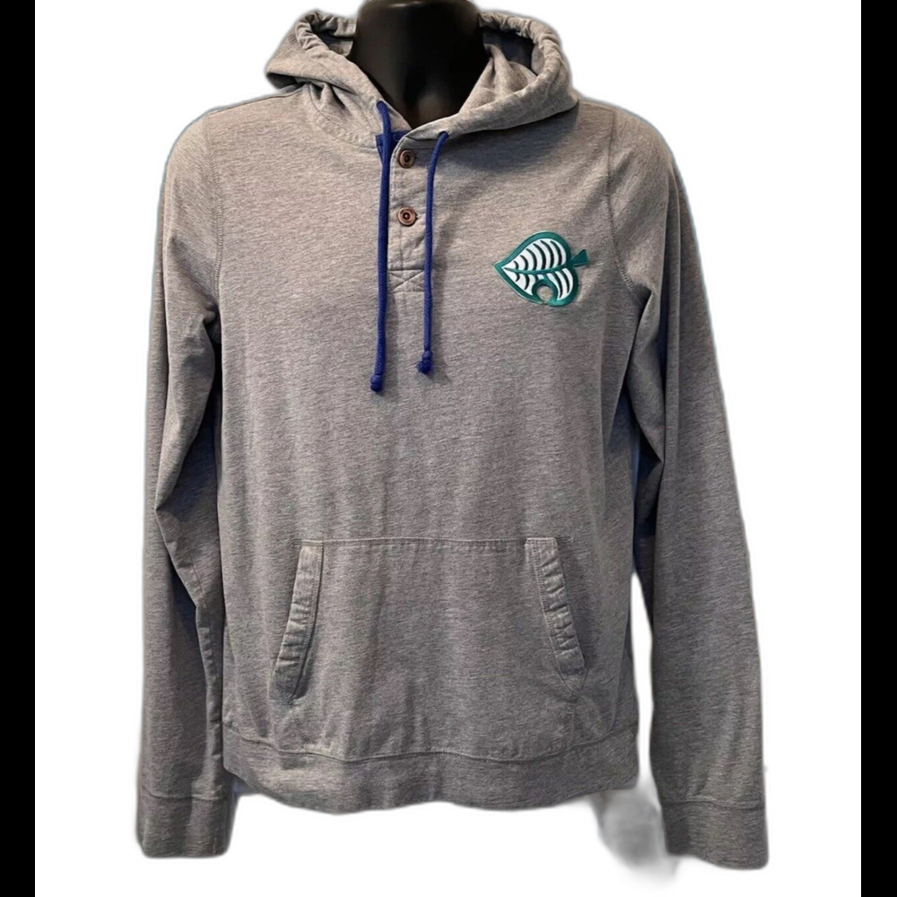 Y2K Hollister Hoodie Leaf Patch Pullover Hoodie Mens L Gray Pocket Lightweight